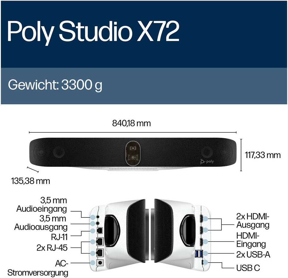 HP Internetinė kamera Poly Studio X72 No Radio or Power Cord All-in-One Zoom- i Microsoft Teams-certyfikowana Juodas (A4MA5AA)