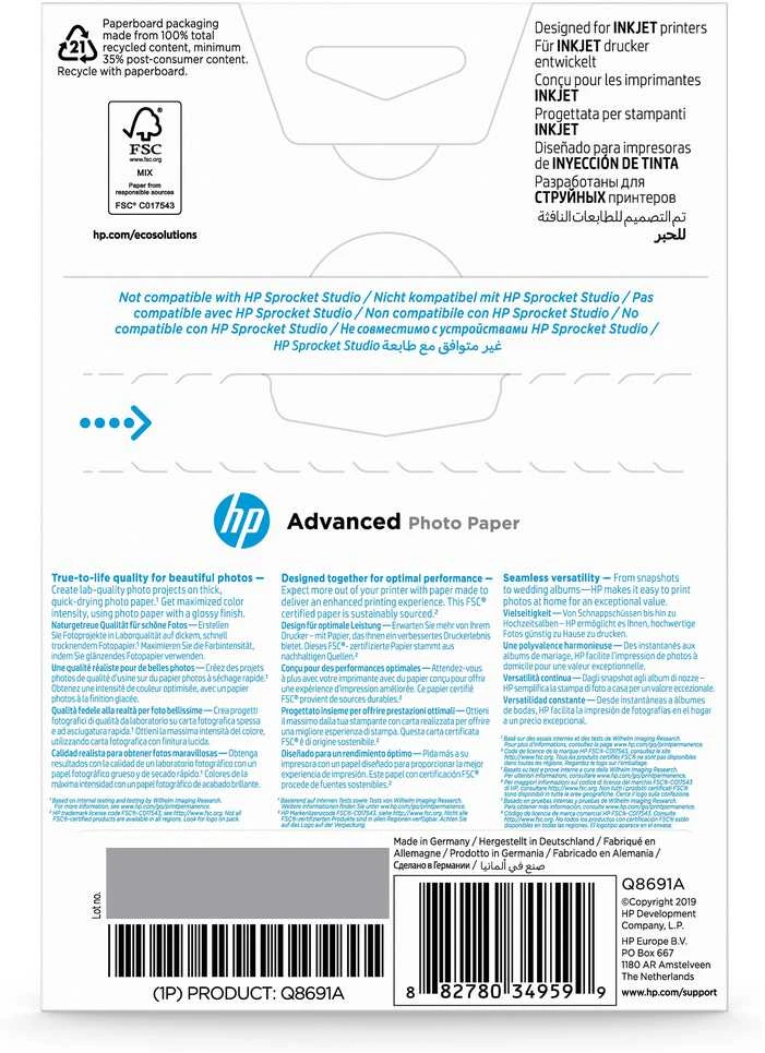 Hewlett Packard (HP) HP Advanced Photo Paper blizgus 25 lapų 10x15 cm be paraščių