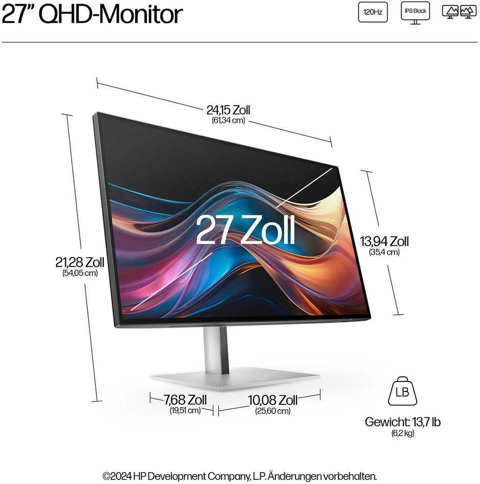HP 727pq Series 7 Pro QHD monitorius - 27" 2560x1440 QHD 400-nit 120Hz AG, IPS Juodas HDR 400, USB-C(15W)/HDMI/DisplayPort Daisy-Chain, 3x USB-A, reguliuojamas aukštis/pivot/ti , 3 metai (pakeičia Z27q G3)