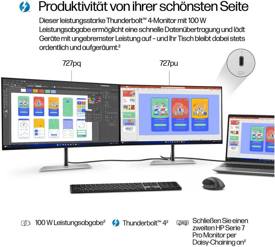 HP 727pu serijos 7 Pro QHD TB4 įkrovimo monitorius - 27 colių 2560x1440 QHD 400 nitų 120Hz AG, IPS Juodas HDR 400, USB-C (100W/15W)/HDMI/DisplayPort Daisy-Chain, 5x USB-A, RJ-45 LAN, reguliuojamo aukščio/pakreipimo/pasukimo/sukimosi, 3 metai (pakeičia Z27u G3)