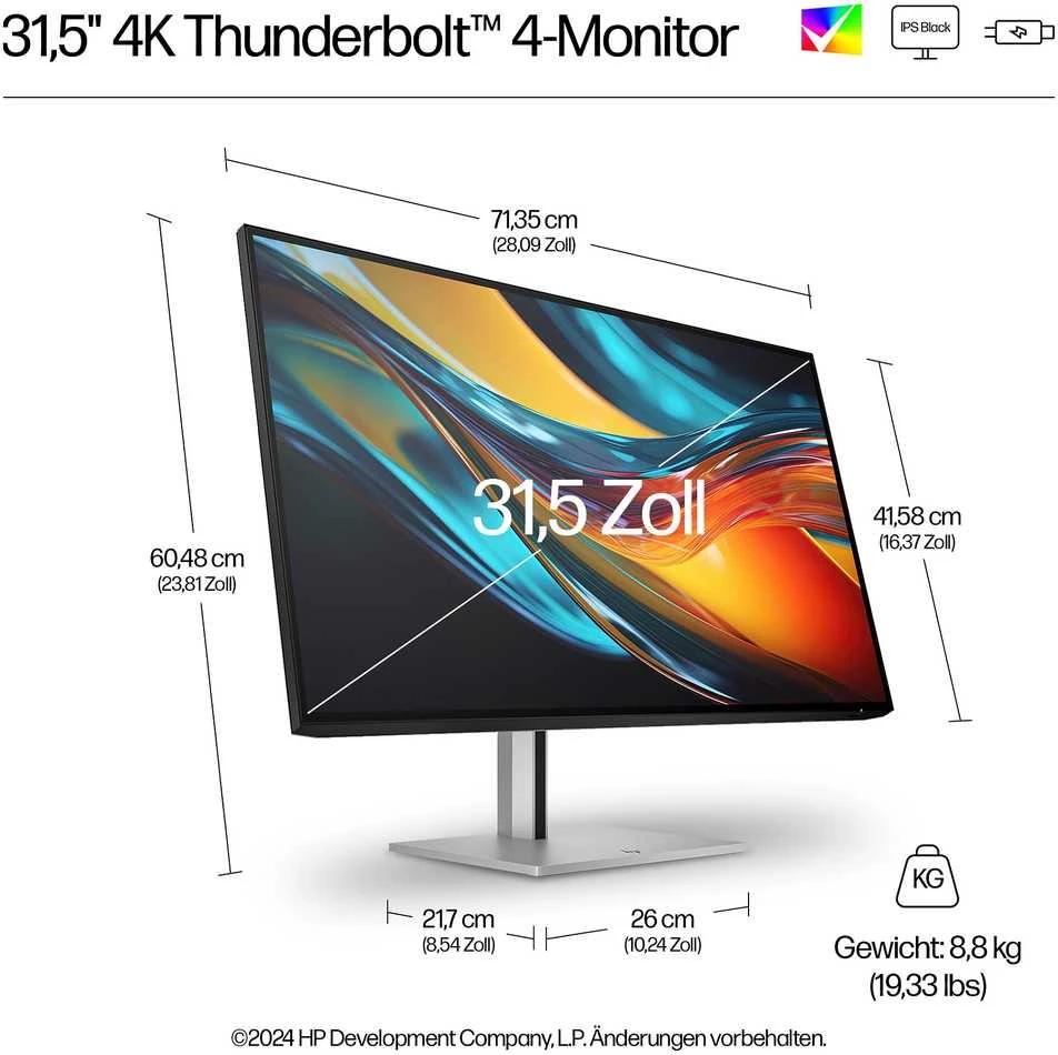 Hewlett Packard (HP) HP 732pk Series 7 Pro 4K TB4 įkrovimo monitorius - 31.5" 3840x2160 UHD 400 nitų 60Hz AG, IPS Juodas HDR 400, USB-C (100W/15W)/HDMI/DisplayPort Daisy-Chain, 4x USB-A, RJ-45 LAN, reguliuojamo aukščio/pakreipimo/pasukimo/sukimosi, 3 metai (pakeičia Z32k G3)