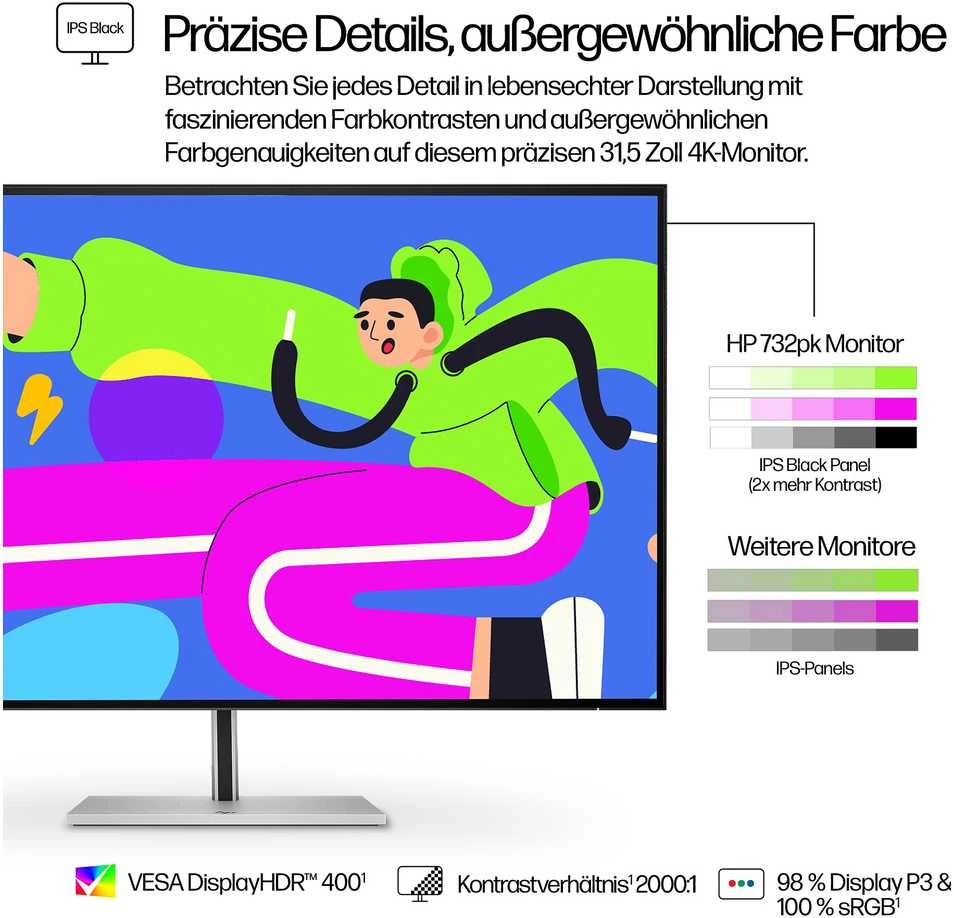 Hewlett Packard (HP) HP 732pk Series 7 Pro 4K TB4 įkrovimo monitorius - 31.5" 3840x2160 UHD 400 nitų 60Hz AG, IPS Juodas HDR 400, USB-C (100W/15W)/HDMI/DisplayPort Daisy-Chain, 4x USB-A, RJ-45 LAN, reguliuojamo aukščio/pakreipimo/pasukimo/sukimosi, 3 metai (pakeičia Z32k G3)