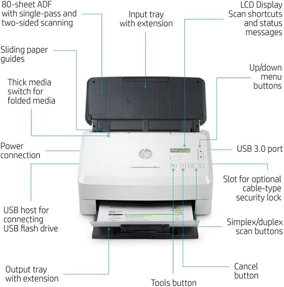 Hewlett Packard (HP) Skeneris HP Scanjet Enterprise Flow 5000 s5 lapų tiekimo skaitytuvas