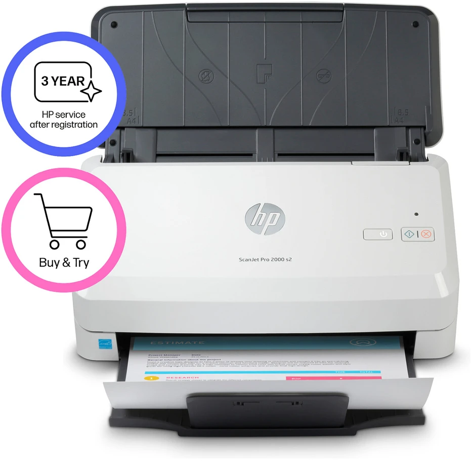 Skeneris Hewlett Packard (HP) „HP ScanJet Pro 2000 s2“ skaitytuvas – A4 spalvotas 600 dpi, lapų tiekimo nuskaitymas, automatinis dokumentų tiektuvas, automatinis dvipusis, OCR / nuskaitymas į tekstą, 35 ppm, 3500 puslapių per dieną