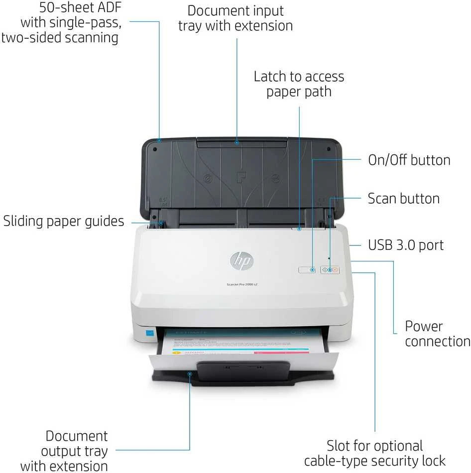 Skeneris Hewlett Packard (HP) „HP ScanJet Pro 2000 s2“ skaitytuvas – A4 spalvotas 600 dpi, lapų tiekimo nuskaitymas, automatinis dokumentų tiektuvas, automatinis dvipusis, OCR / nuskaitymas į tekstą, 35 ppm, 3500 puslapių per dieną