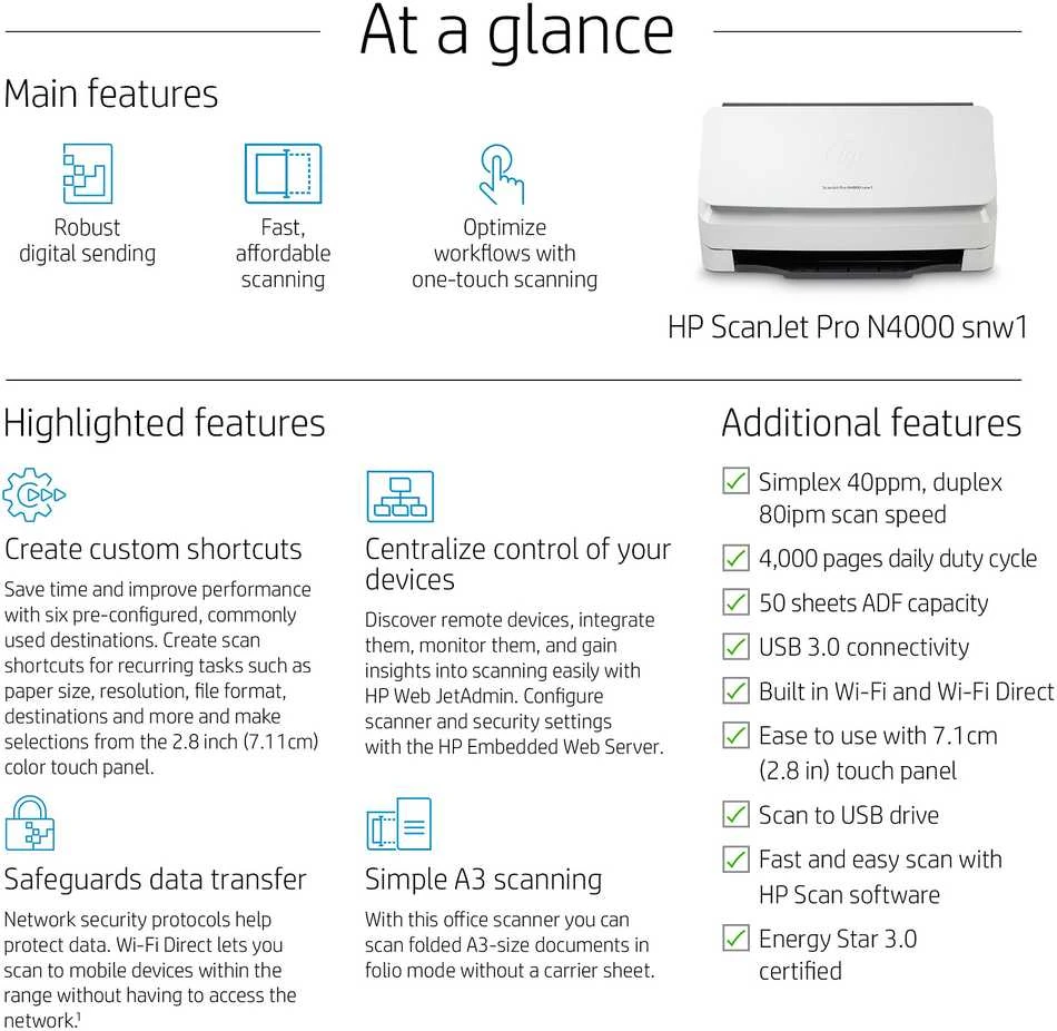 Skeneris Hewlett Packard (HP) HP ScanJet Pro N4000 snw1 skaitytuvas – A4 spalvotas 600 dpi, lapų tiekimo nuskaitymas, automatinis dokumentų tiektuvas, automatinis dvipusis, OCR / nuskaitymas į tekstą, 40 ppm, 4000 puslapių per dieną