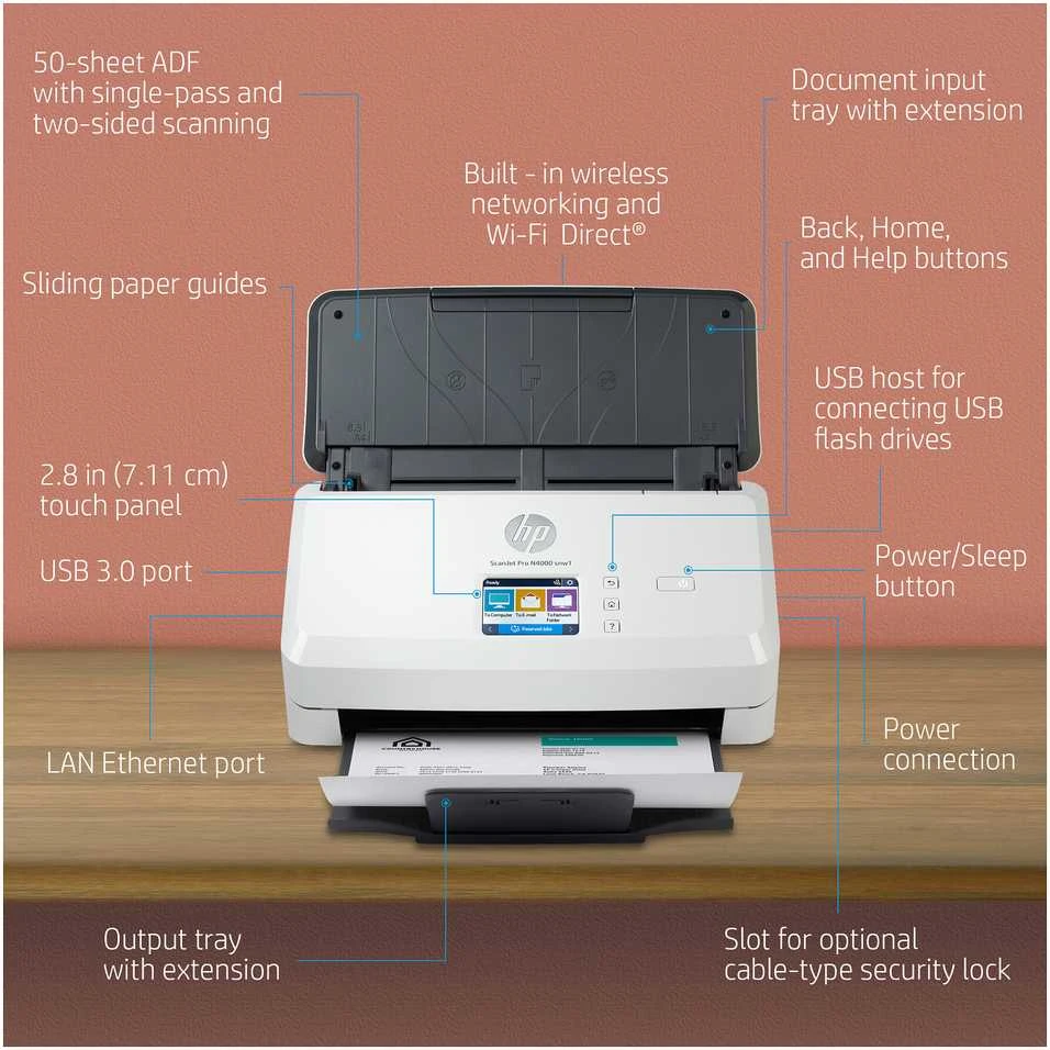 Skeneris Hewlett Packard (HP) HP ScanJet Pro N4000 snw1 skaitytuvas – A4 spalvotas 600 dpi, lapų tiekimo nuskaitymas, automatinis dokumentų tiektuvas, automatinis dvipusis, OCR / nuskaitymas į tekstą, 40 ppm, 4000 puslapių per dieną