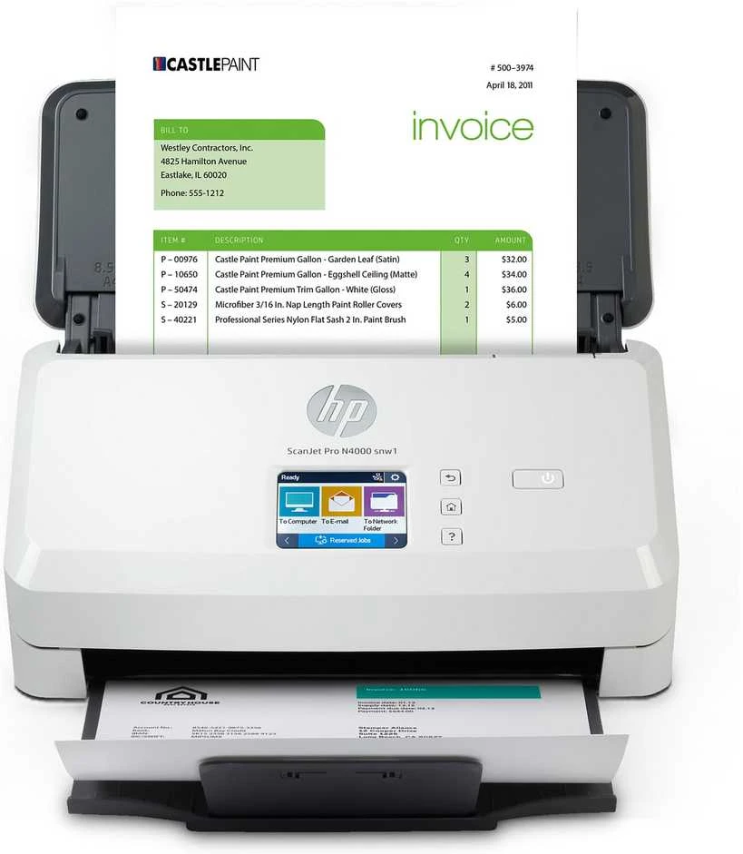 Skeneris Hewlett Packard (HP) HP ScanJet Pro N4000 snw1 skaitytuvas – A4 spalvotas 600 dpi, lapų tiekimo nuskaitymas, automatinis dokumentų tiektuvas, automatinis dvipusis, OCR / nuskaitymas į tekstą, 40 ppm, 4000 puslapių per dieną