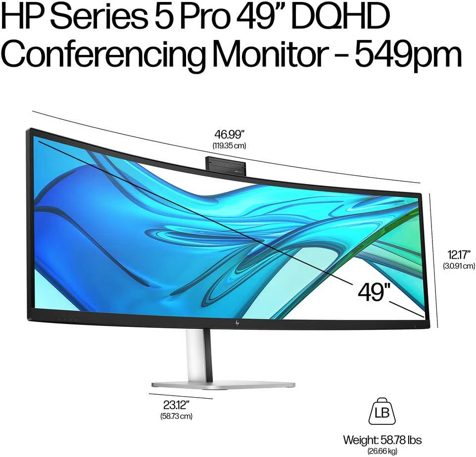 Monitorius Hewlett Packard (HP) HP LCD 549pm Conferencing 49",5120x1440,VA,400nit,4000:1,5ms,DP1.4,HDMI 2.0,4xUSB,2xUSB-C140W,cam,repro, RJ45