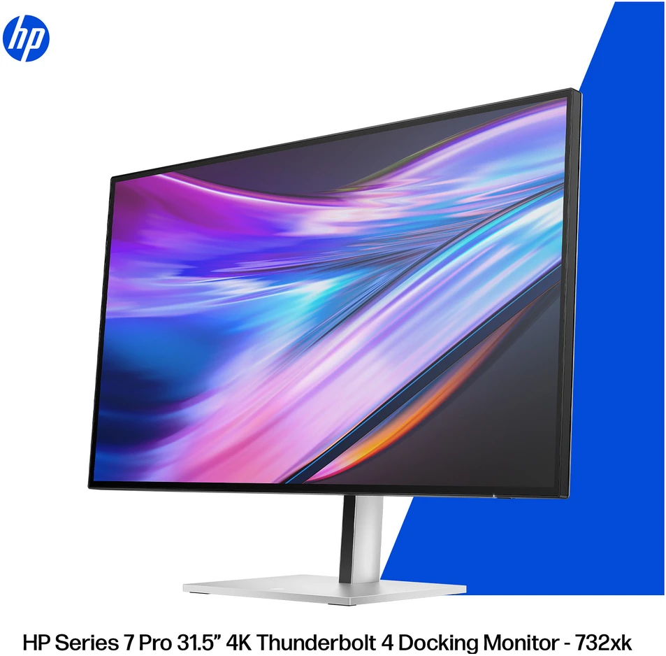 „HP 732xk Series 7 Pro 4K TB4 4“ prijungimo monitorius – 31,5 colio 3840x2160 UHD 450 nitų 120 Hz AG, IPS Juodas NeoLED HDR 600, USB-C (140 W / 15 W) / HDMI / „DisplayPort“ ir TB4 grandinės jungtys, 5x USB-A, RJ-45 LAN, reguliuojamo aukščio / pakreipimo / pasukimo / sukimosi kampinis, 3 metai