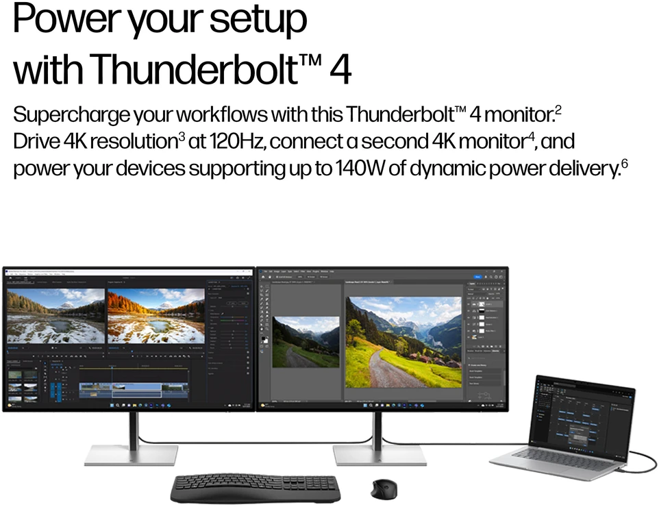 „HP 732xk Series 7 Pro 4K TB4 4“ prijungimo monitorius – 31,5 colio 3840x2160 UHD 450 nitų 120 Hz AG, IPS Juodas NeoLED HDR 600, USB-C (140 W / 15 W) / HDMI / „DisplayPort“ ir TB4 grandinės jungtys, 5x USB-A, RJ-45 LAN, reguliuojamo aukščio / pakreipimo / pasukimo / sukimosi kampinis, 3 metai