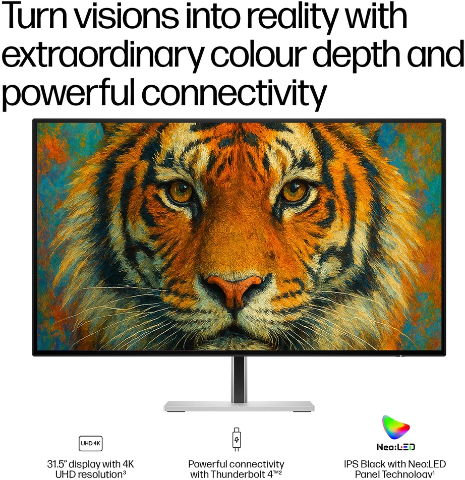 „HP 732xk Series 7 Pro 4K TB4 4“ prijungimo monitorius – 31,5 colio 3840x2160 UHD 450 nitų 120 Hz AG, IPS Juodas NeoLED HDR 600, USB-C (140 W / 15 W) / HDMI / „DisplayPort“ ir TB4 grandinės jungtys, 5x USB-A, RJ-45 LAN, reguliuojamo aukščio / pakreipimo / pasukimo / sukimosi kampinis, 3 metai