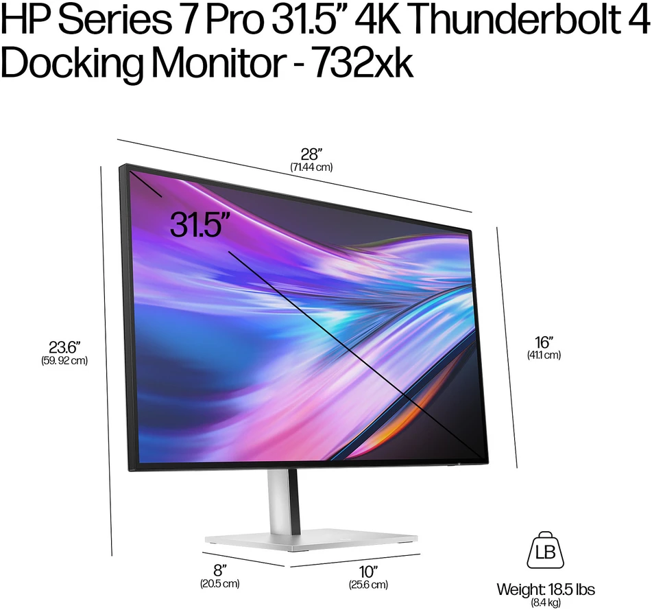 „HP 732xk Series 7 Pro 4K TB4 4“ prijungimo monitorius – 31,5 colio 3840x2160 UHD 450 nitų 120 Hz AG, IPS Juodas NeoLED HDR 600, USB-C (140 W / 15 W) / HDMI / „DisplayPort“ ir TB4 grandinės jungtys, 5x USB-A, RJ-45 LAN, reguliuojamo aukščio / pakreipimo / pasukimo / sukimosi kampinis, 3 metai