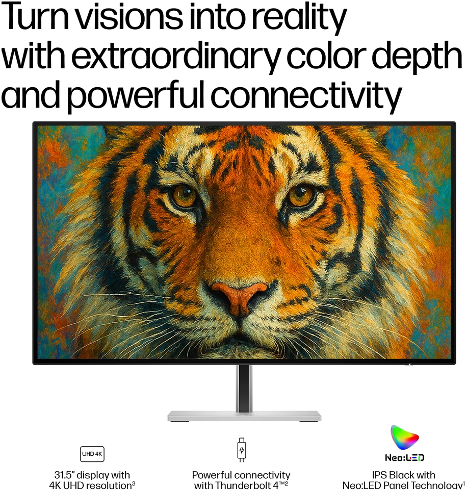 „HP 732xk Series 7 Pro 4K TB4 4“ prijungimo monitorius – 31,5 colio 3840x2160 UHD 450 nitų 120 Hz AG, IPS Juodas NeoLED HDR 600, USB-C (140 W / 15 W) / HDMI / „DisplayPort“ ir TB4 grandinės jungtys, 5x USB-A, RJ-45 LAN, reguliuojamo aukščio / pakreipimo / pasukimo / sukimosi kampinis, 3 metai