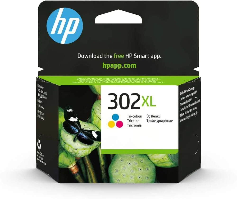 „Hewlett Packard“ (HP) HP trijų spalvų originali rašalo kasetė HP 302XL rašalas, žydra, rausvai raudona, geltona