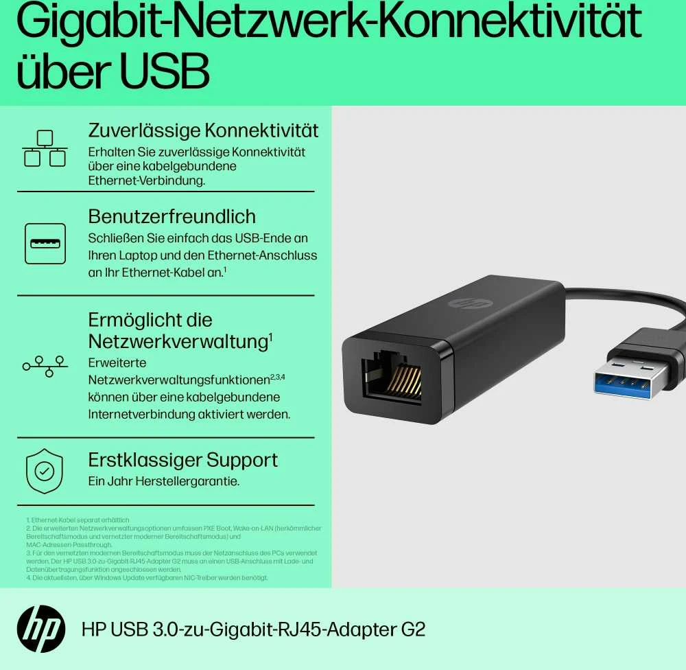 HP USB į RJ45 adapteris su technine specifikacija