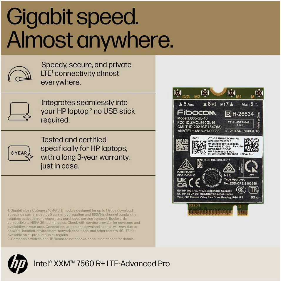 Hewlett Packard (HP) HP Intel XMM 7560 R+ LTE Advanced PRO m.2 4G WWAN Cat 16 mobilusis plačiajuostis korinis modemas (EliteBook 840 G10, x360 830 G10, ProBook 640 G10, 450 G10, ZBook 16 G10)