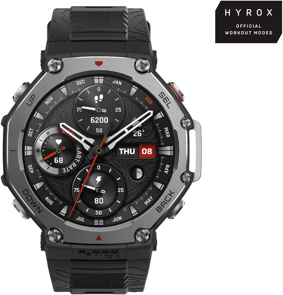 Išmanusis laikrodis Amazfit T-Rex 3, Nerudijančio plieno korpusas su onikso spalvos silikoniniu dirželiu