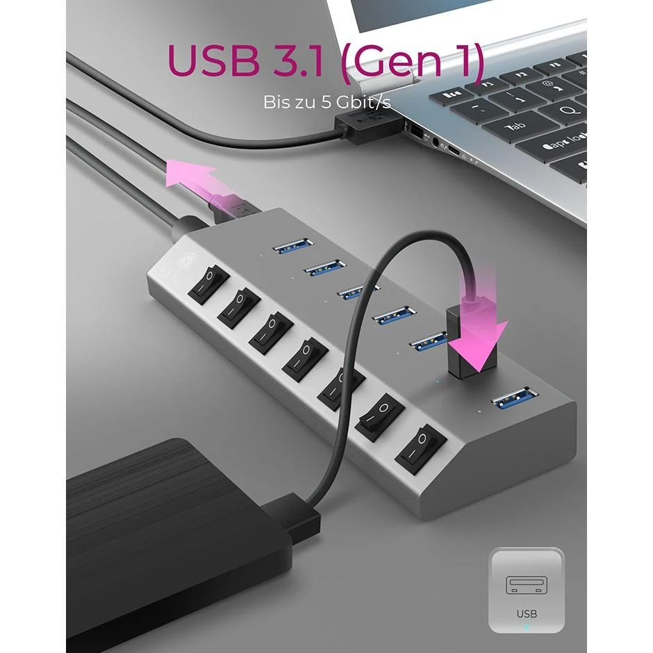 Icy Box RaidSonic ICYBOX IB-HUB1701-C3 7 prievadų šakotuvas su USB 3.0 Type-C ir Type-A sąsaja bei BC 1.2 palaikymu