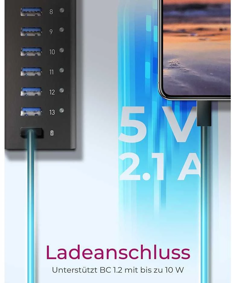 ICY BOX IB-AC6113 13x prievadas USB 3.0 šakotuvas su USB įkrovimo prievadu Juodas
