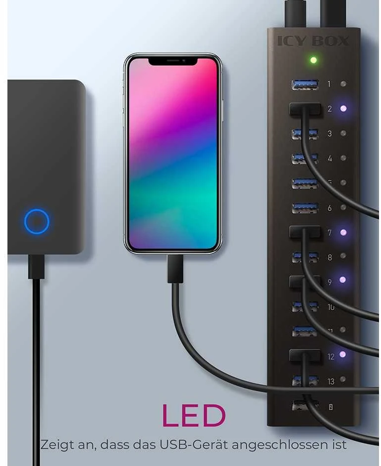 ICY BOX IB-AC6113 13x prievadas USB 3.0 šakotuvas su USB įkrovimo prievadu Juodas