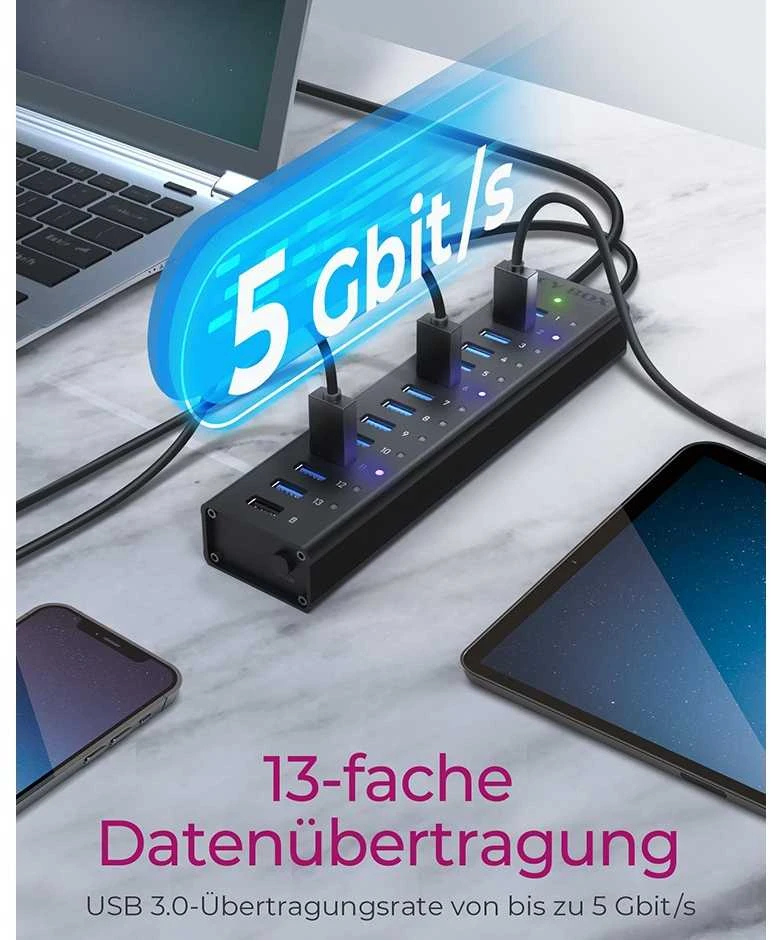 ICY BOX IB-AC6113 13x prievadas USB 3.0 šakotuvas su USB įkrovimo prievadu Juodas