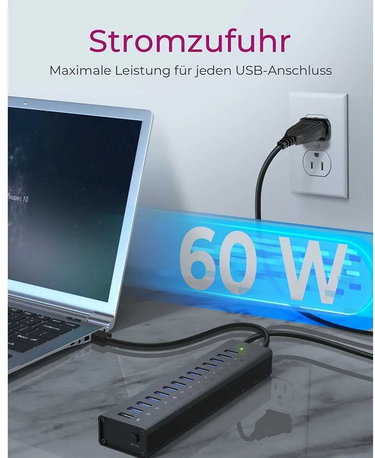 ICY BOX IB-AC6113 13x prievadas USB 3.0 šakotuvas su USB įkrovimo prievadu Juodas