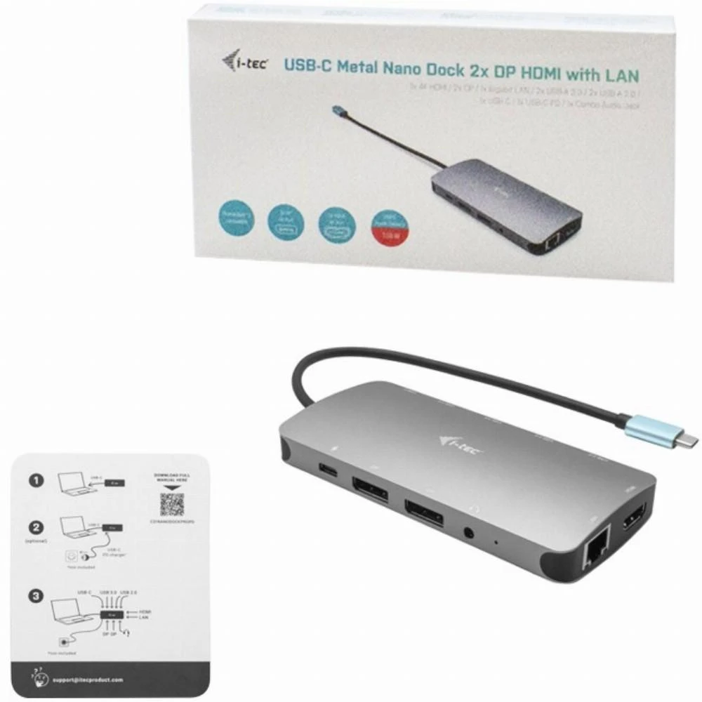 I-TEC USB-C metalinis nano dokas 2xDP 1xHDMI 1xGLAN 1xgarsas / mikrofonas 2xUSB 3.1 2xUSB 2.0 1xUSB-C duomenys 1xUSB-C 100W PD