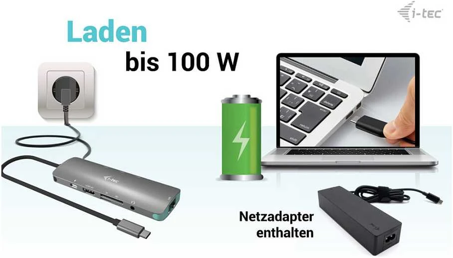 I-TEC USB C metalinis nano dokas 1xHDMI 4K 1xSD + 1xmicroSD kortelių skaitytuvas 1xGLAN 1xgarsas 3x USB 3.0 prievadas 1x USB-C PD + įkroviklis 100W