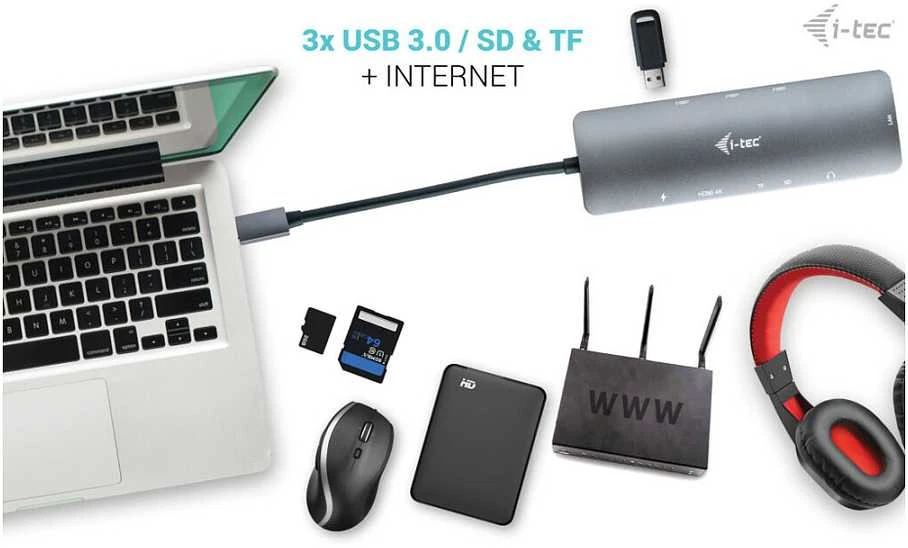 I-TEC USB C metalinis nano dokas 1xHDMI 4K 1xSD + 1xmicroSD kortelių skaitytuvas 1xGLAN 1xgarsas 3x USB 3.0 prievadas 1x USB-C PD + įkroviklis 100W