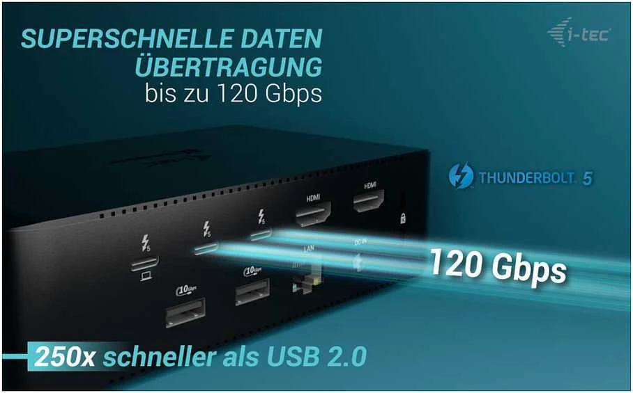 „I-tec Thunderbolt 5 Quattro“ ekrano dokas, 2x HDMI, 2x TB5 (iki 120 Gbps, 30 W), 5x USB (10 Gbps, BC 1.2), 2,5 colio garso išvesties kortelė, maitinimo šaltinis 140 W (TB5 kabelis, 1 m)
