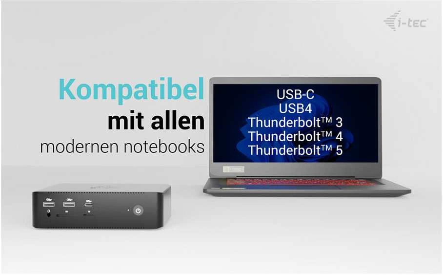 „I-tec Thunderbolt 5 Quattro“ ekrano dokas, 2x HDMI, 2x TB5 (iki 120 Gbps, 30 W), 5x USB (10 Gbps, BC 1.2), 2,5 colio garso išvesties kortelė, maitinimo šaltinis 140 W (TB5 kabelis, 1 m)