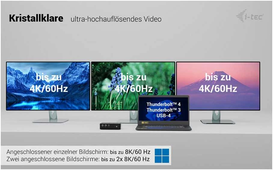 „I-tec Thunderbolt 5 Quattro“ ekrano dokas, 2x HDMI, 2x TB5 (iki 120 Gbps, 30 W), 5x USB (10 Gbps, BC 1.2), 2,5 colio garso išvesties kortelė, maitinimo šaltinis 140 W (TB5 kabelis, 1 m)