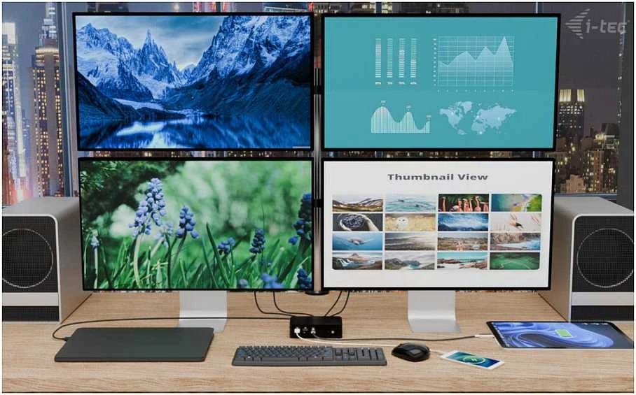 „I-tec Thunderbolt 5 Quattro“ ekrano dokas, 2x HDMI, 2x TB5 (iki 120 Gbps, 30 W), 5x USB (10 Gbps, BC 1.2), 2,5 colio garso išvesties kortelė, maitinimo šaltinis 140 W (TB5 kabelis, 1 m)