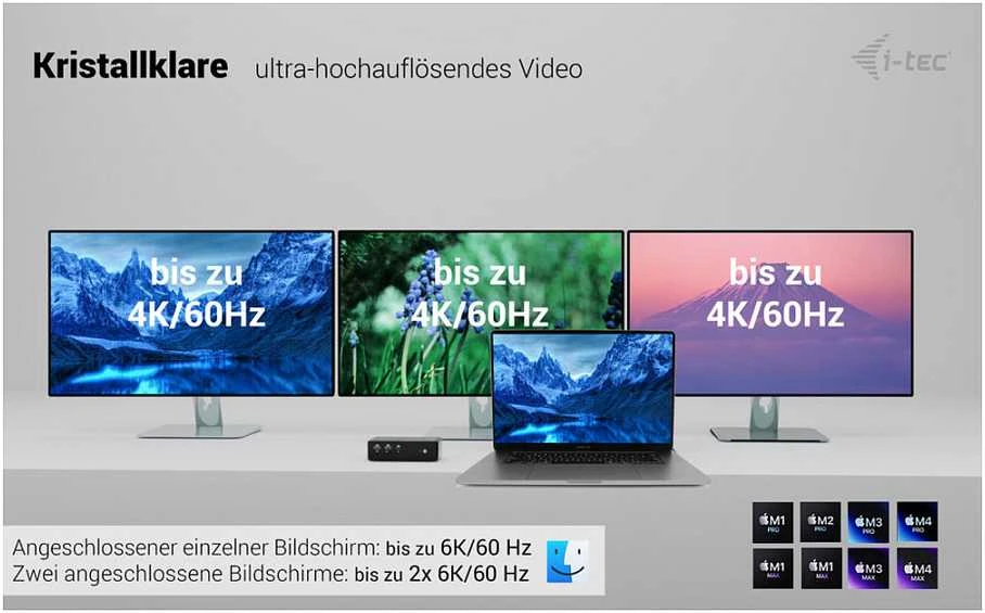 „I-tec Thunderbolt 5 Quattro“ ekrano dokas, 2x HDMI, 2x TB5 (iki 120 Gbps, 30 W), 5x USB (10 Gbps, BC 1.2), 2,5 colio garso išvesties kortelė, maitinimo šaltinis 140 W (TB5 kabelis, 1 m)