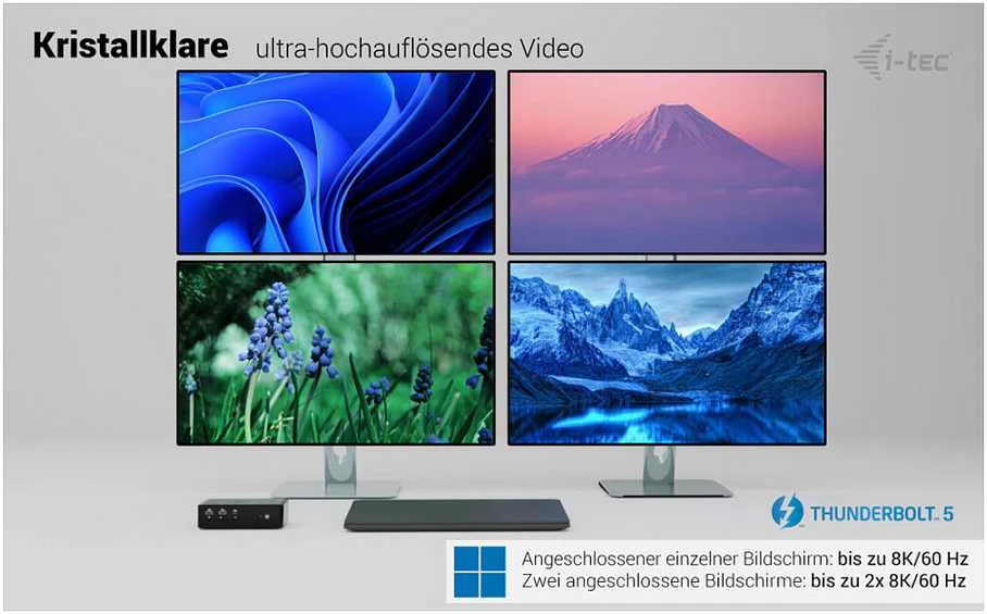„I-tec Thunderbolt 5 Quattro“ ekrano dokas, 2x HDMI, 2x TB5 (iki 120 Gbps, 30 W), 5x USB (10 Gbps, BC 1.2), 2,5 colio garso išvesties kortelė, maitinimo šaltinis 140 W (TB5 kabelis, 1 m)
