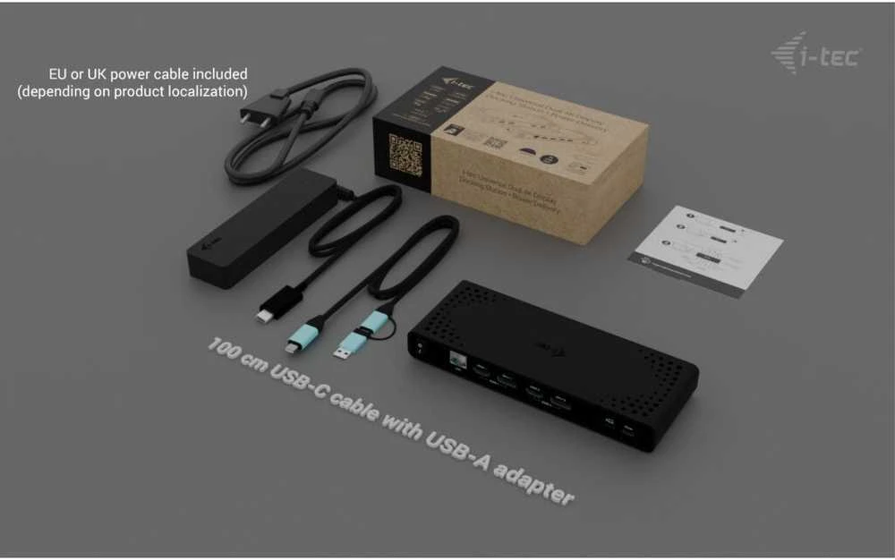 I-TEC universali dviguba 4K Ekrano prijungimo stotelė PD 85W + USB-C įkroviklis 100W