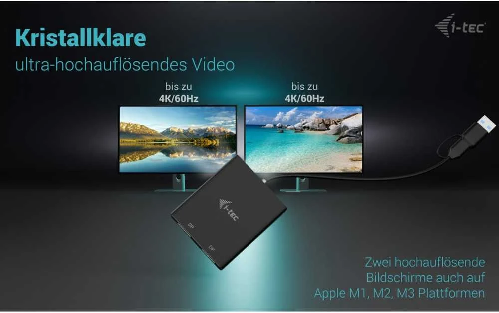 I-tec USB-A/USB-C dvigubas 4K/60 Hz DisplayPort vaizdo adapteris