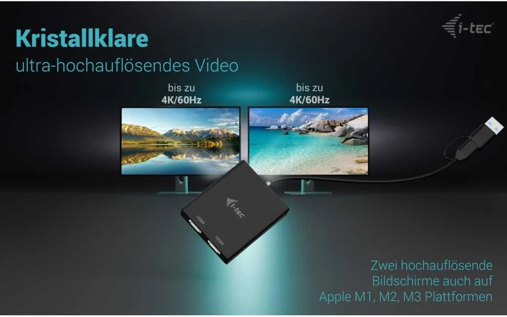 „I-tec USB-A/USB-C“ dvigubas 4K/60 Hz HDMI vaizdo adapteris