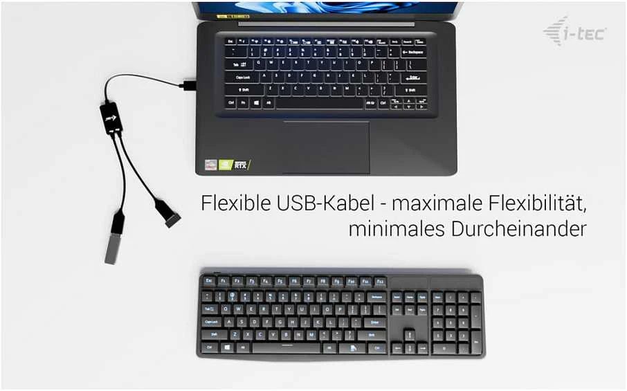 I-tec USB-A kabelio šakotuvas, 2 prievadų (2x USB-A), iki 5 Gbps, lankstus kabelio šakotuvas, 40 g