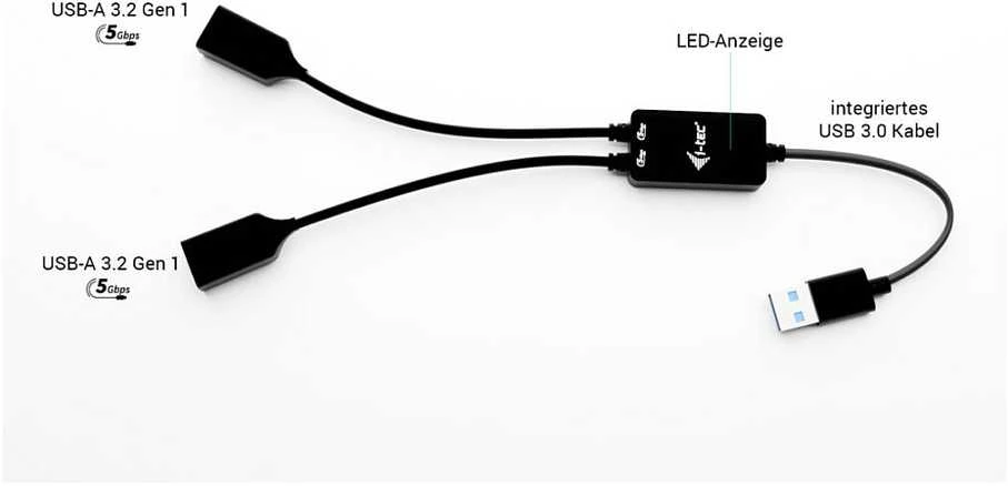 I-tec USB-A kabelio šakotuvas, 2 prievadų (2x USB-A), iki 5 Gbps, lankstus kabelio šakotuvas, 40 g