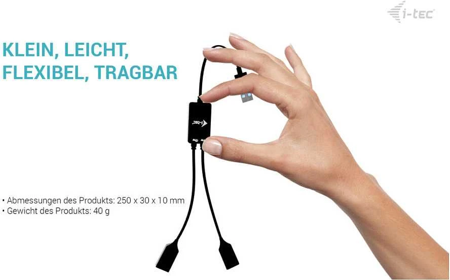 I-tec USB-A kabelio šakotuvas, 2 prievadų (2x USB-A), iki 5 Gbps, lankstus kabelio šakotuvas, 40 g