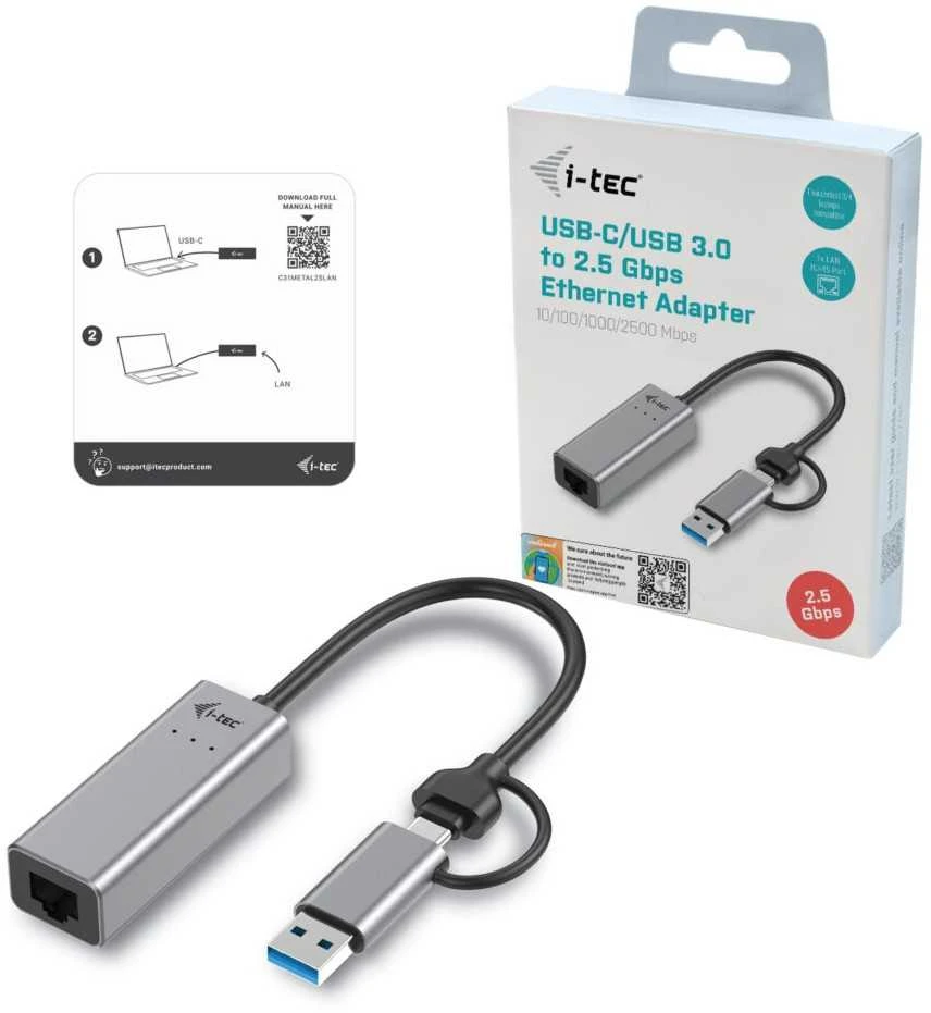 I-TEC USB-C metalinis 2,5 Gbps Ethernet adapteris 1x USB-C į RJ-45 LED suderinamas su Thunderbolt 3