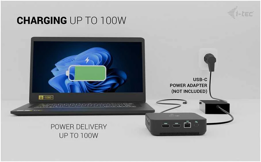 „I-tec USB-C DP“ dvigubas HDMI, 2xHDMI, 4K 60Hz, 1x USB-C (10Gbps), 5x USB-A (3x5Gbps), maitinimo šaltinis, 100 W LAN, garsas