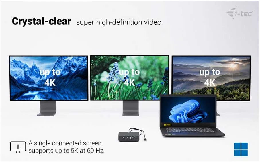 „I-tec USB-C DP“ dvigubas HDMI, 2xHDMI, 4K 60Hz, 1x USB-C (10Gbps), 5x USB-A (3x5Gbps), maitinimo šaltinis, 100 W LAN, garsas