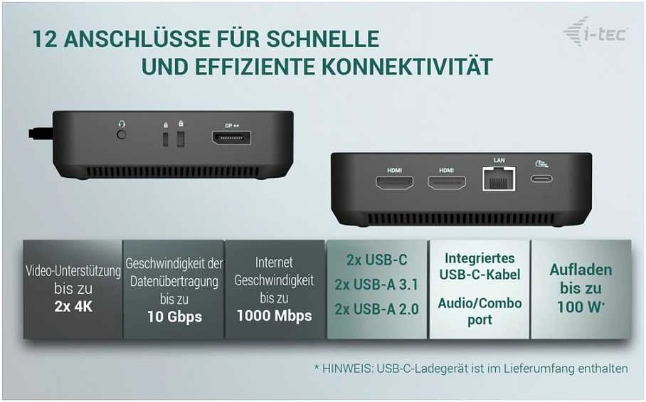 I-tec USB-C DP Dvigubas HDMI2xHDMI 4K 60Hz 1x USB-C (10Gbps) 5x USB-A (3x5Gbps) Maitinimo tiekimas 100W LAN Garsas + universalus įkrovimas 100W