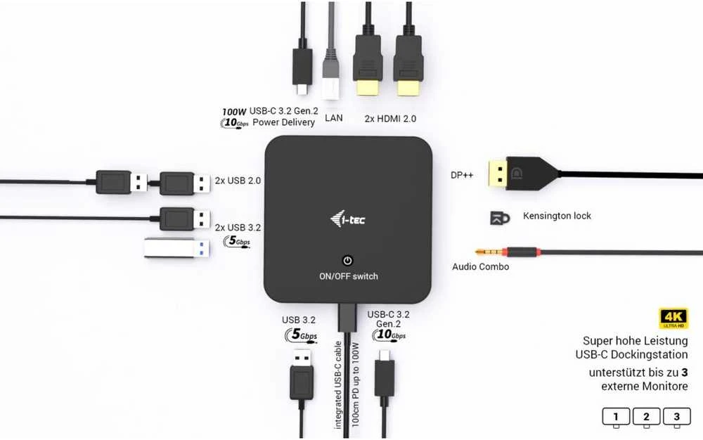 I-tec USB-C DP Dvigubas HDMI2xHDMI 4K 60Hz 1x USB-C (10Gbps) 5x USB-A (3x5Gbps) Maitinimo tiekimas 100W LAN Garsas + universalus įkrovimas 100W