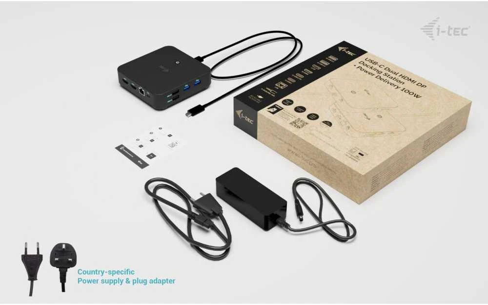 I-tec USB-C DP Dvigubas HDMI2xHDMI 4K 60Hz 1x USB-C (10Gbps) 5x USB-A (3x5Gbps) Maitinimo tiekimas 100W LAN Garsas + universalus įkrovimas 100W