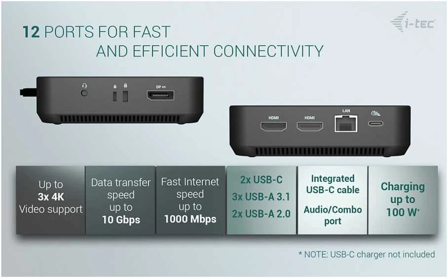 „I-tec USB-C DP“ dvigubas HDMI, 2xHDMI, 4K 60Hz, 1x USB-C (10Gbps), 5x USB-A (3x5Gbps), maitinimo šaltinis, 100 W LAN, garsas