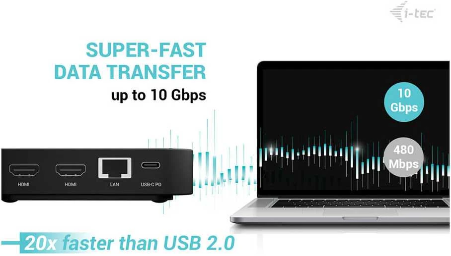 „I-tec USB-C DP“ dvigubas HDMI, 2xHDMI, 4K 60Hz, 1x USB-C (10Gbps), 5x USB-A (3x5Gbps), maitinimo šaltinis, 100 W LAN, garsas